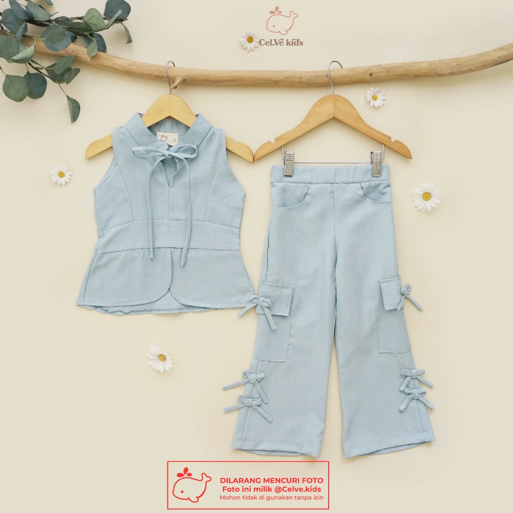 CELVEkids - Stelan Izzy Set Baju Celana Anak Perempuan Korean style Bahan Linen Premium usia 1-8th