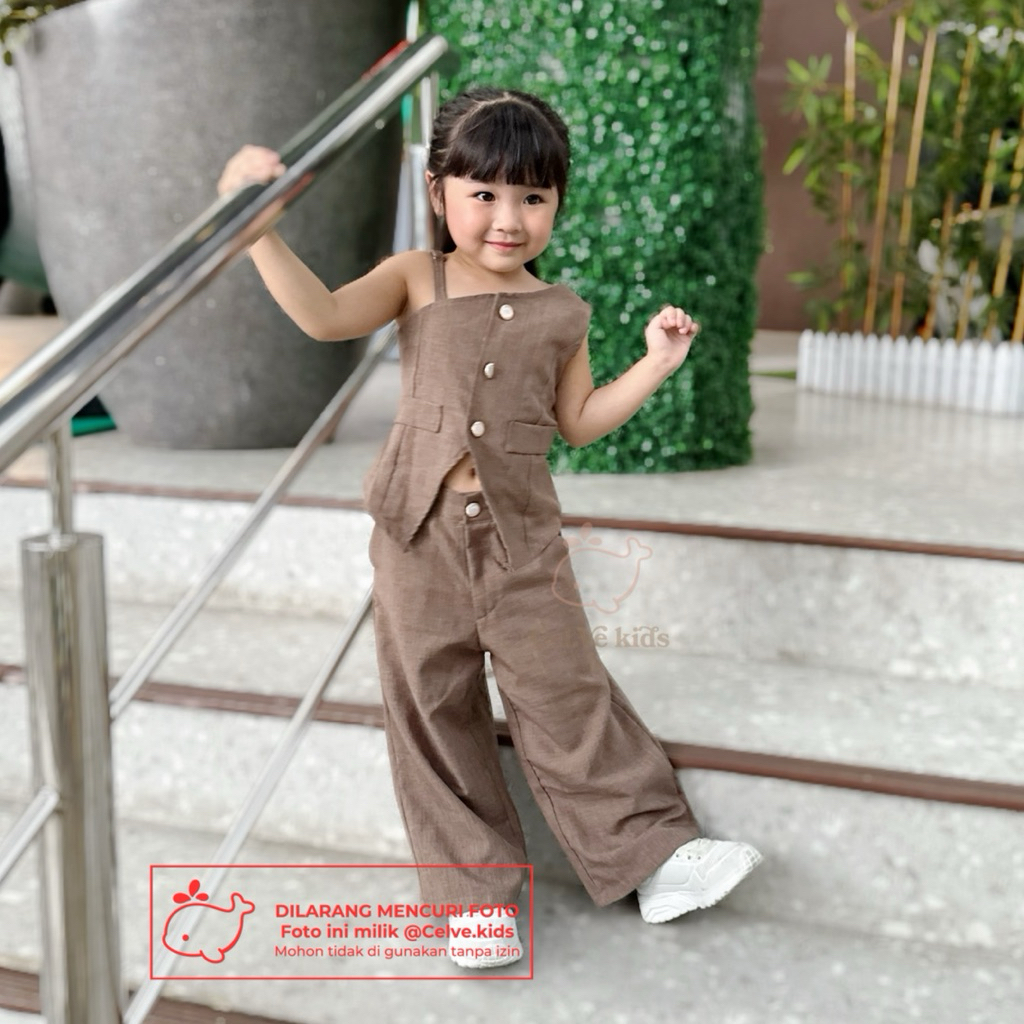 CELVEkids - Stelan Brittany Set Baju Celana Anak Perempuan Korean style Bahan Linen Premium usia 1-8th
