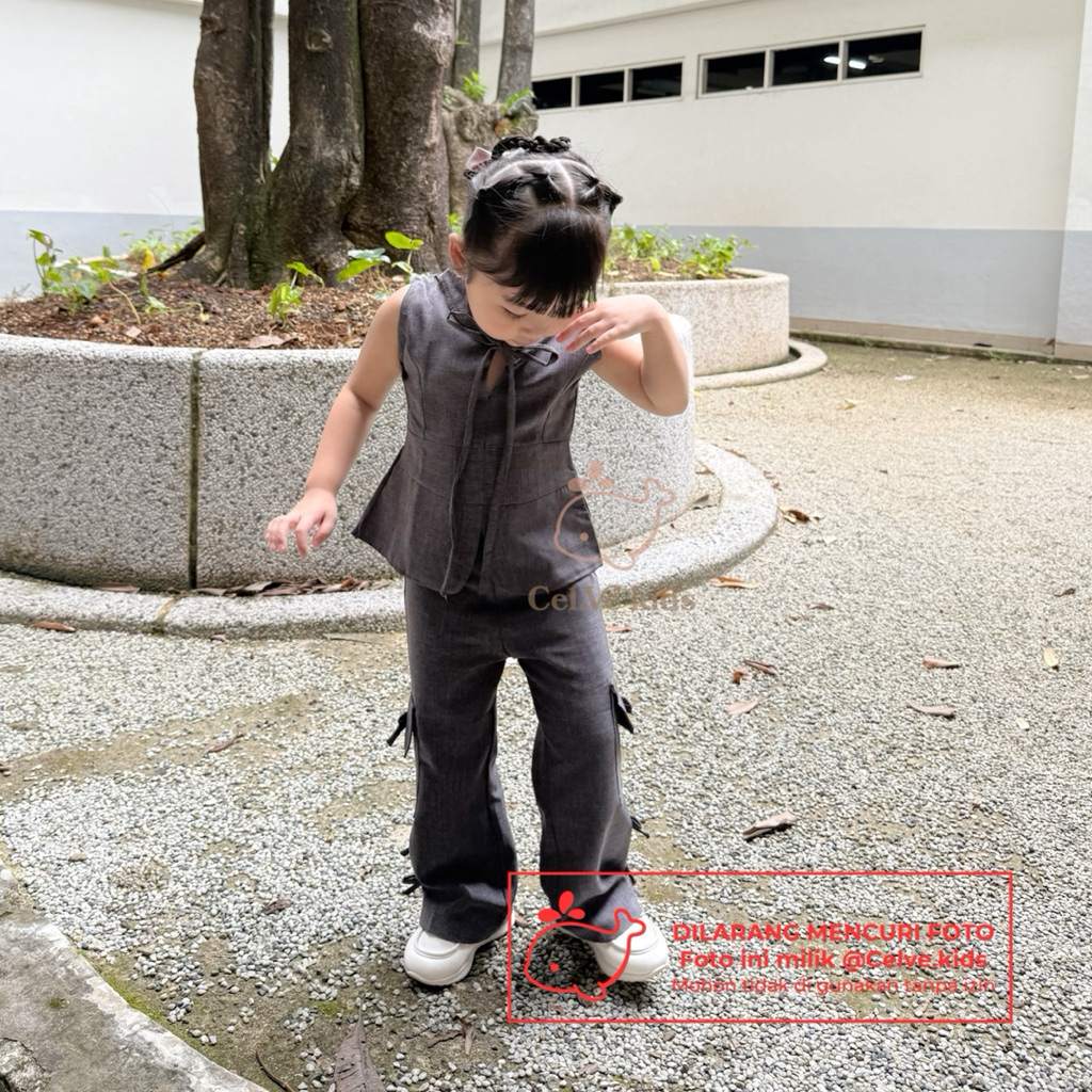 CELVEkids - Stelan Izzy Set Baju Celana Anak Perempuan Korean style Bahan Linen Premium usia 1-8th