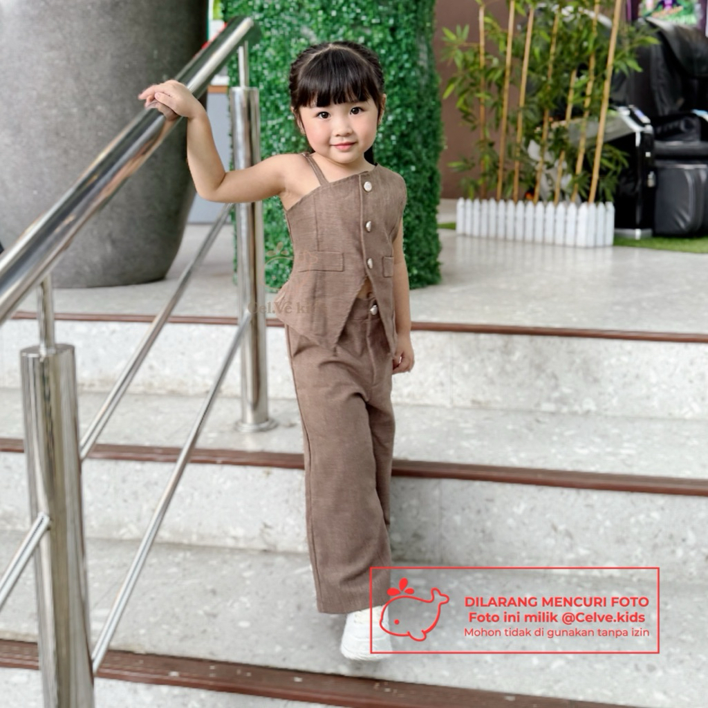 CELVEkids - Stelan Brittany Set Baju Celana Anak Perempuan Korean style Bahan Linen Premium usia 1-8th