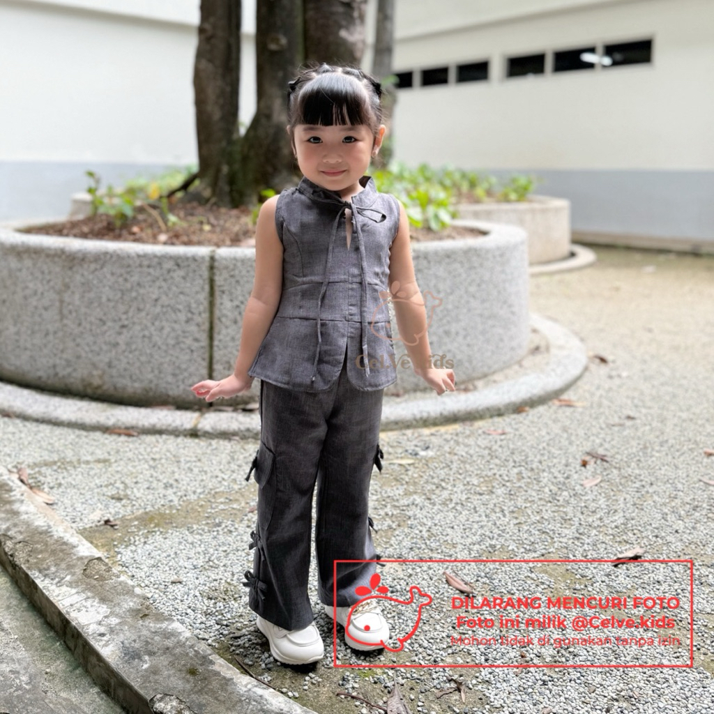 CELVEkids - Stelan Izzy Set Baju Celana Anak Perempuan Korean style Bahan Linen Premium usia 1-8th