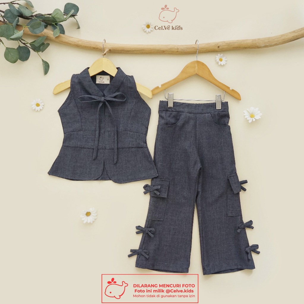 CELVEkids - Stelan Izzy Set Baju Celana Anak Perempuan Korean style Bahan Linen Premium usia 1-8th