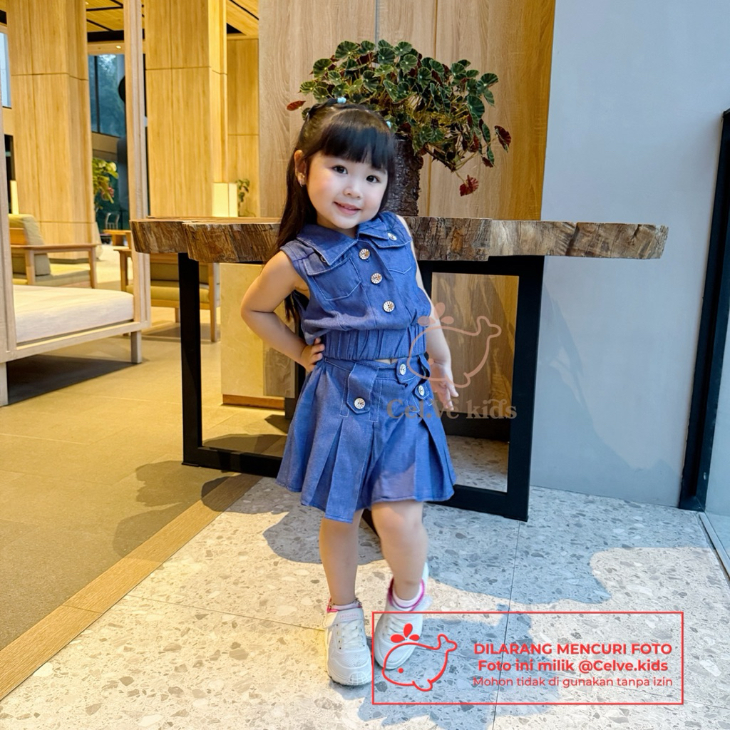 CELVEkids - Stelan Natasha Set Baju Rok Celana Anak Perempuan Korean style Denim premium usia 1-8th