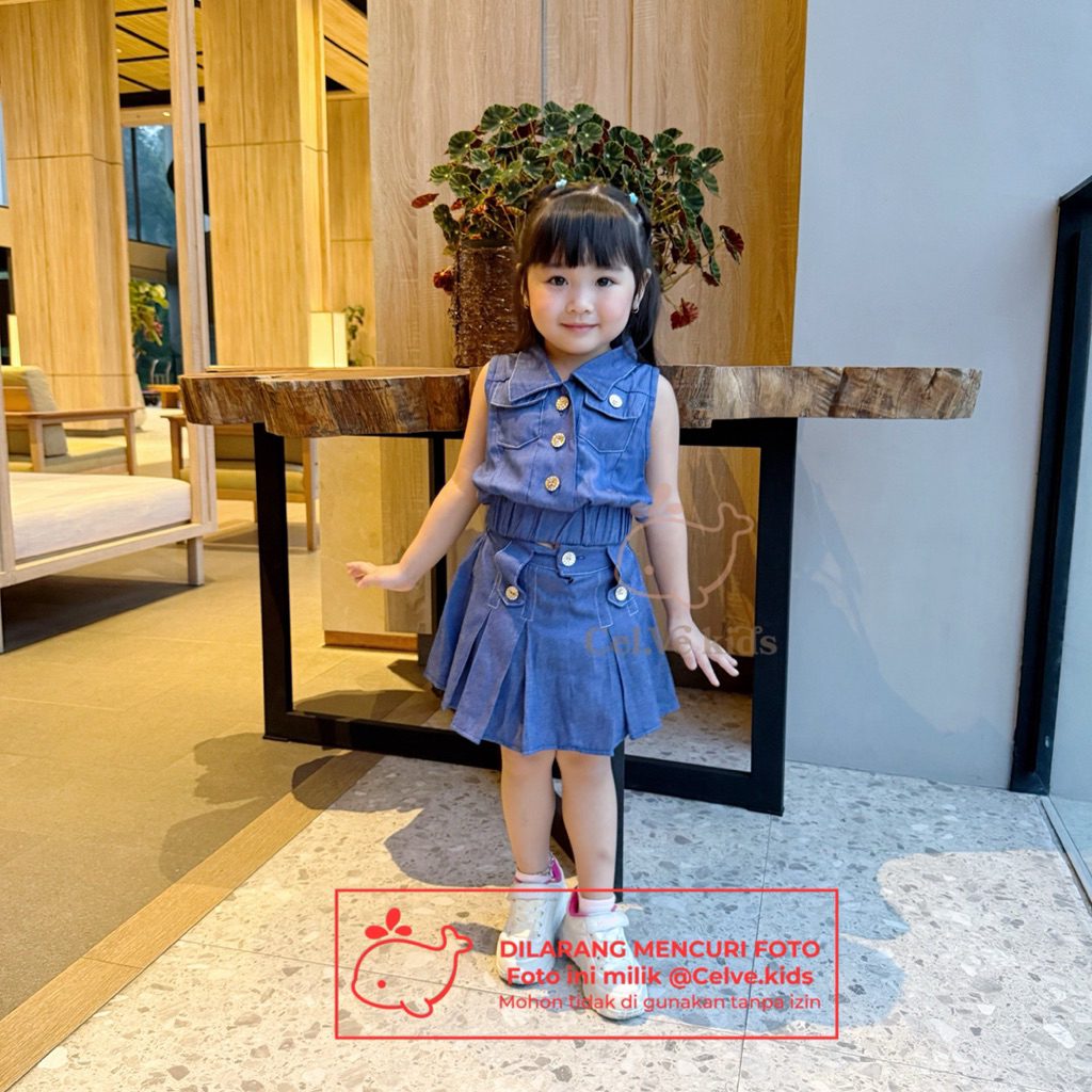 CELVEkids - Stelan Natasha Set Baju Rok Celana Anak Perempuan Korean style Denim premium usia 1-8th
