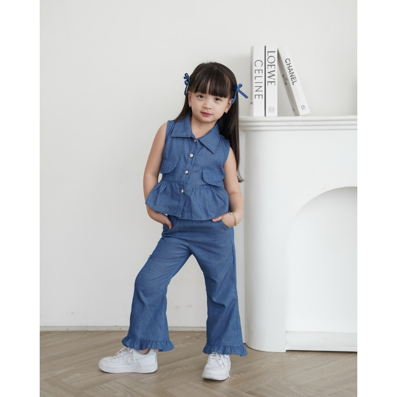 CELVEkids - Stelan Avery Set Baju Anak Perempuan Korean style Bahan denim usia 1-6th