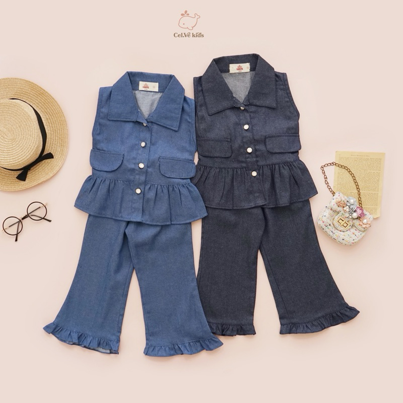 CELVEkids - Stelan Avery Set Baju Anak Perempuan Korean style Bahan denim usia 1-6th