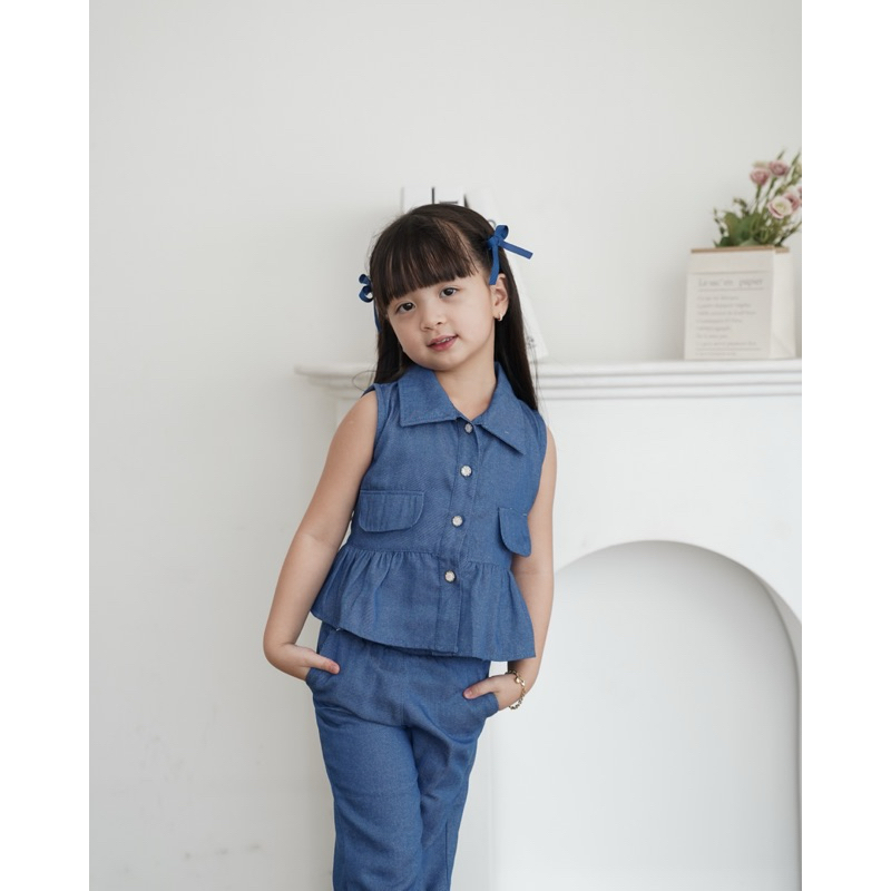 CELVEkids - Stelan Avery Set Baju Anak Perempuan Korean style Bahan denim usia 1-6th