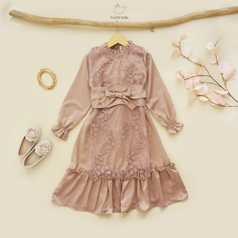 CELVEkids - DANIZA Dress Gamis Raya Anak Perempuan Korean Style Bahan Roberto + Brokat Usia 1-8th