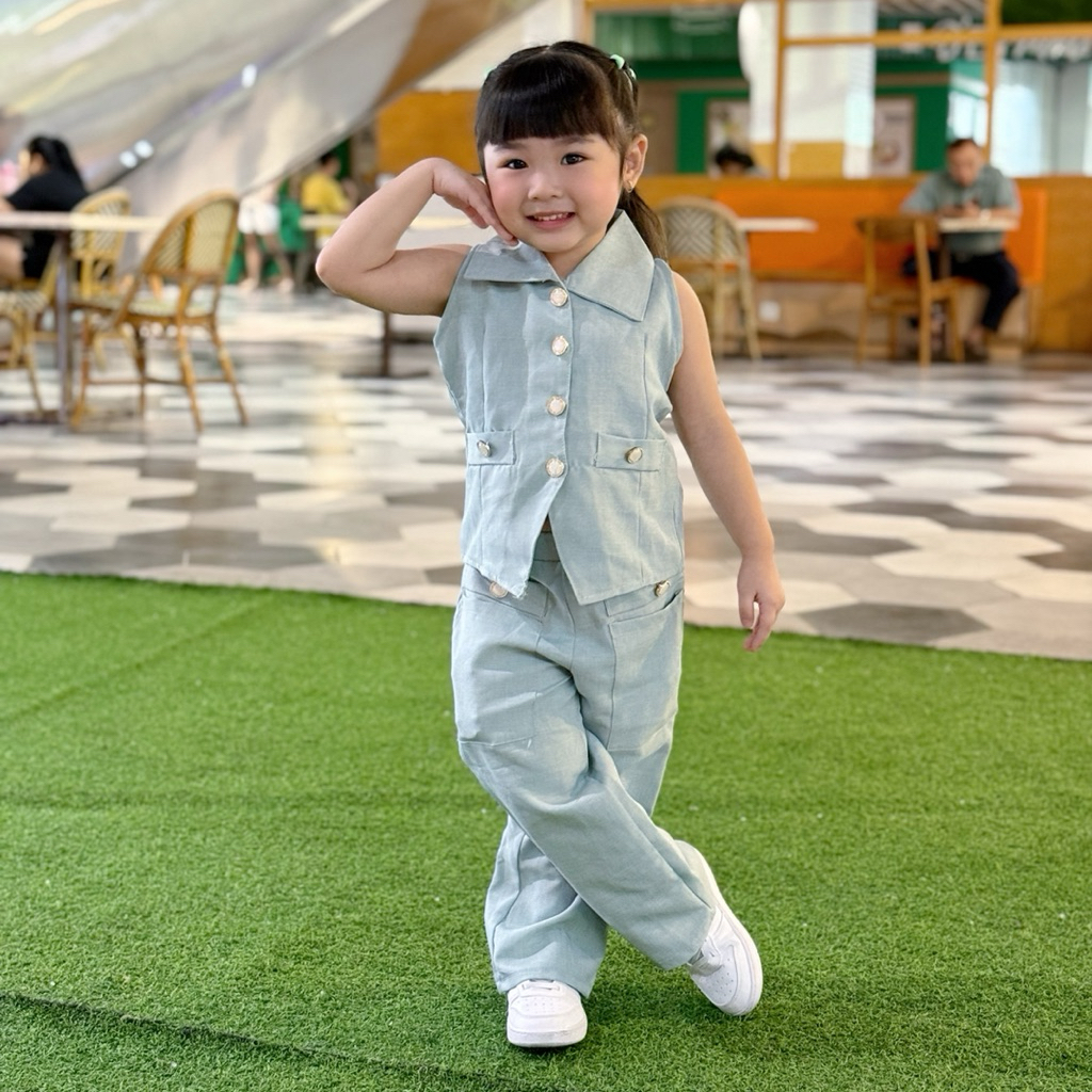 CELVEkids - Stelan Bernice Set Baju Celana Anak Perempuan Korean style Bahan Linen Premium usia 1-8th