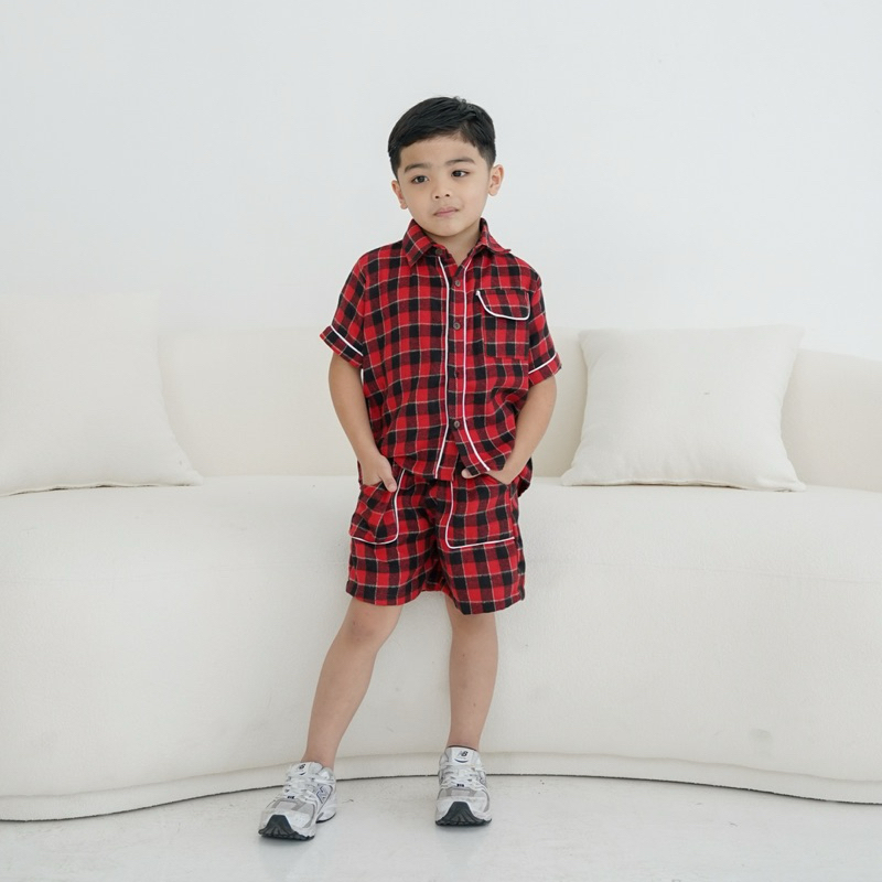 CELVEkids - Stelan set Bernard Kemeja Anak laki laki Korean style Bahan Flanel usia 1-6th