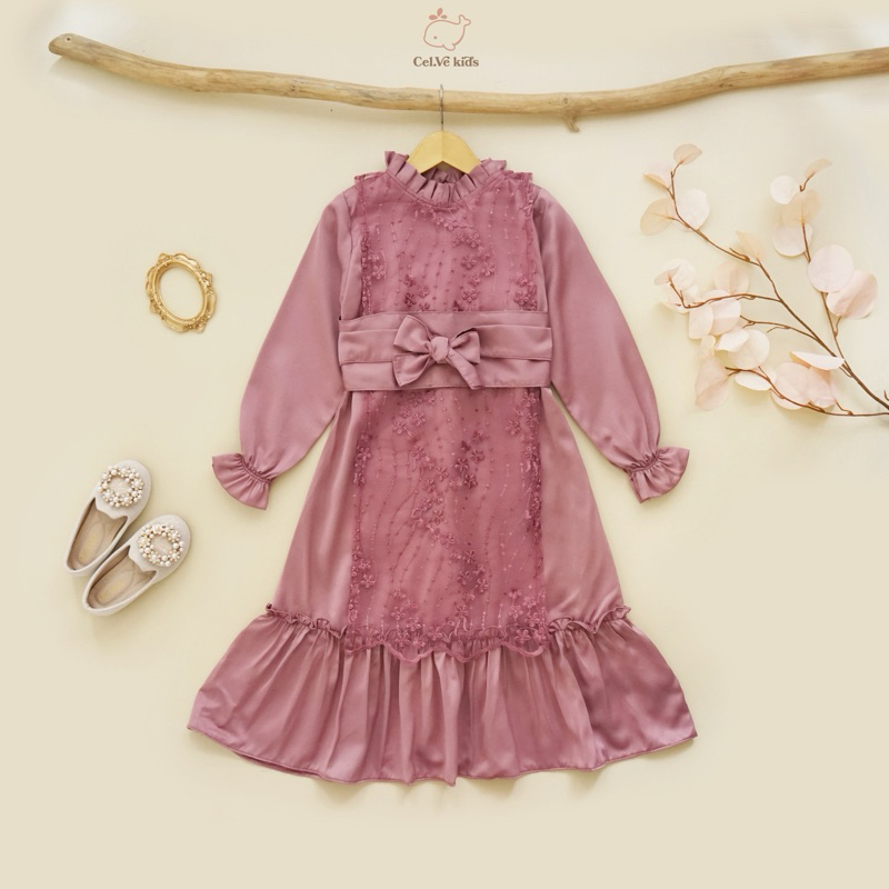 CELVEkids - DANIZA Dress Gamis Raya Anak Perempuan Korean Style Bahan Roberto + Brokat Usia 1-8th