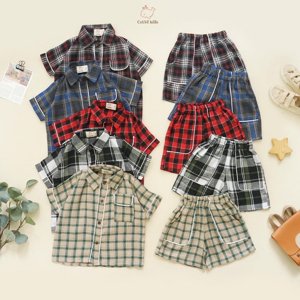 CELVEkids - Stelan set Bernard Kemeja Anak laki laki Korean style Bahan Flanel usia 1-6th