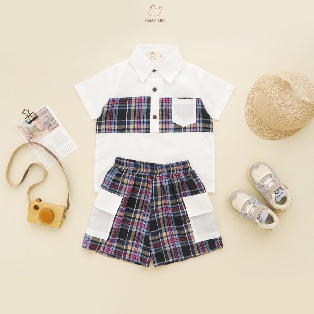 CELVEkids - Stelan set Brian Kemeja Anak laki laki Korean style Bahan Flanel kombi Poplin usia 1-6th