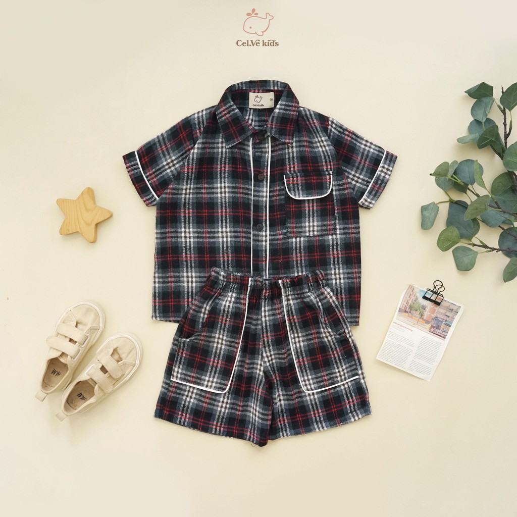 CELVEkids - Stelan set Bernard Kemeja Anak laki laki Korean style Bahan Flanel usia 1-6th