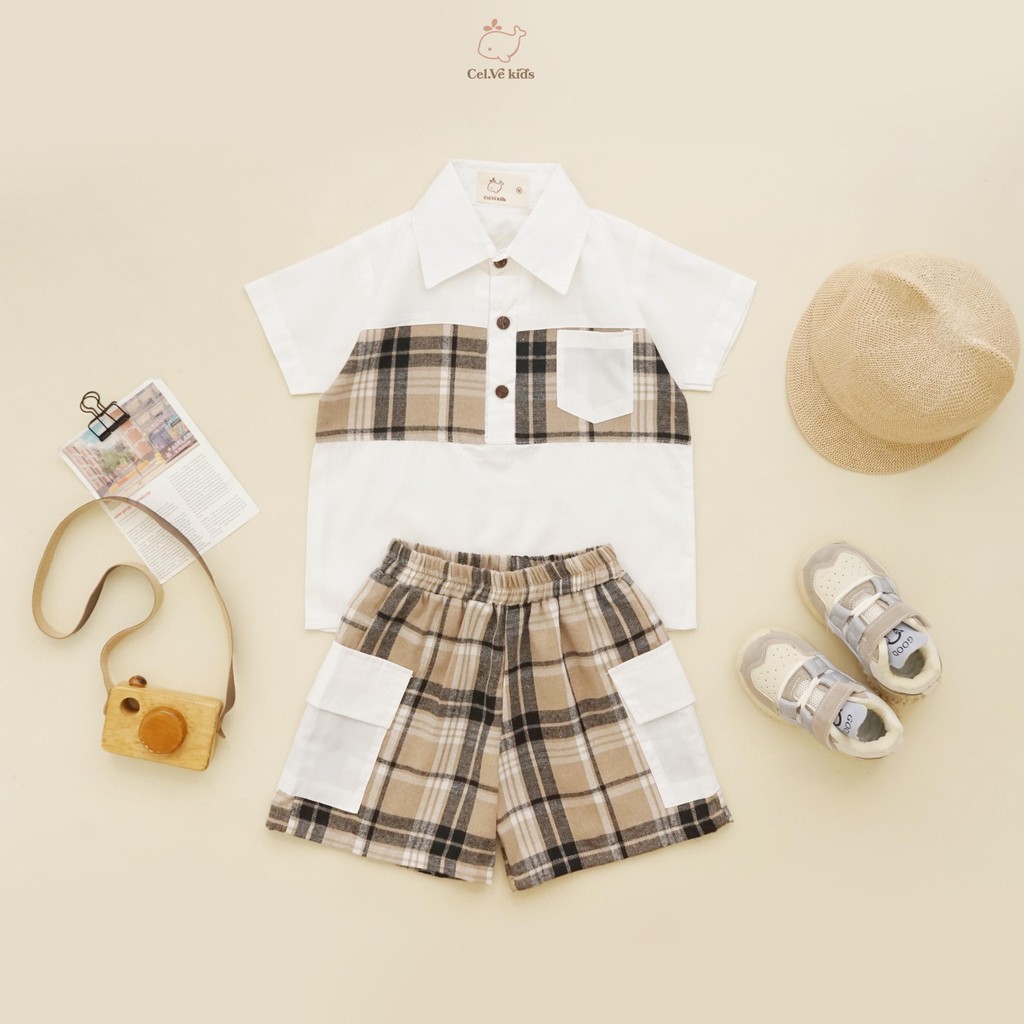 CELVEkids - Stelan set Brian Kemeja Anak laki laki Korean style Bahan Flanel kombi Poplin usia 1-6th