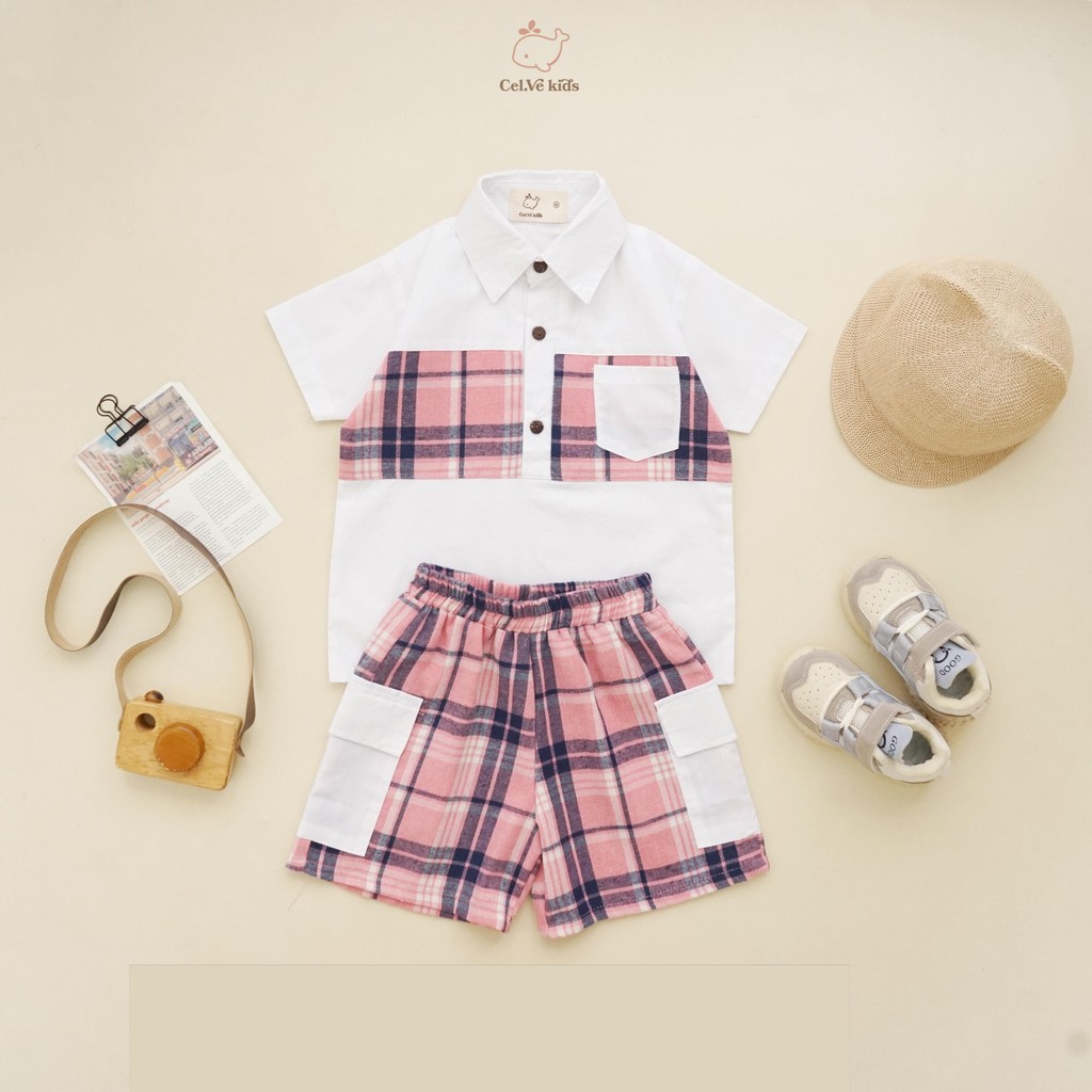CELVEkids - Stelan set Brian Kemeja Anak laki laki Korean style Bahan Flanel kombi Poplin usia 1-6th