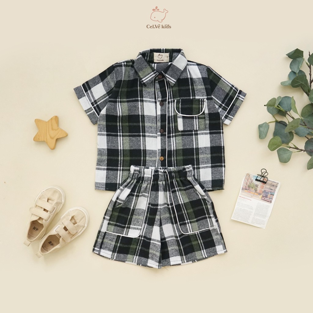 CELVEkids - Stelan set Bernard Kemeja Anak laki laki Korean style Bahan Flanel usia 1-6th