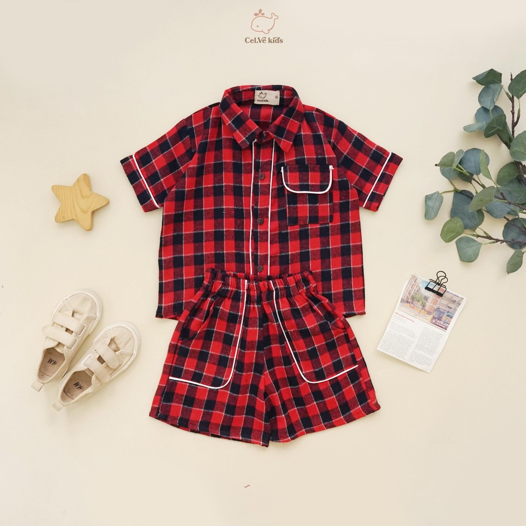 CELVEkids - Stelan set Bernard Kemeja Anak laki laki Korean style Bahan Flanel usia 1-6th