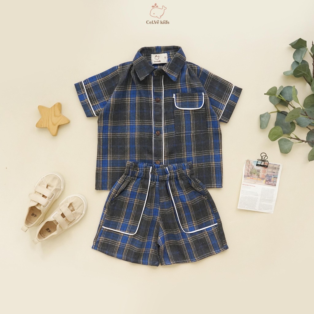CELVEkids - Stelan set Bernard Kemeja Anak laki laki Korean style Bahan Flanel usia 1-6th