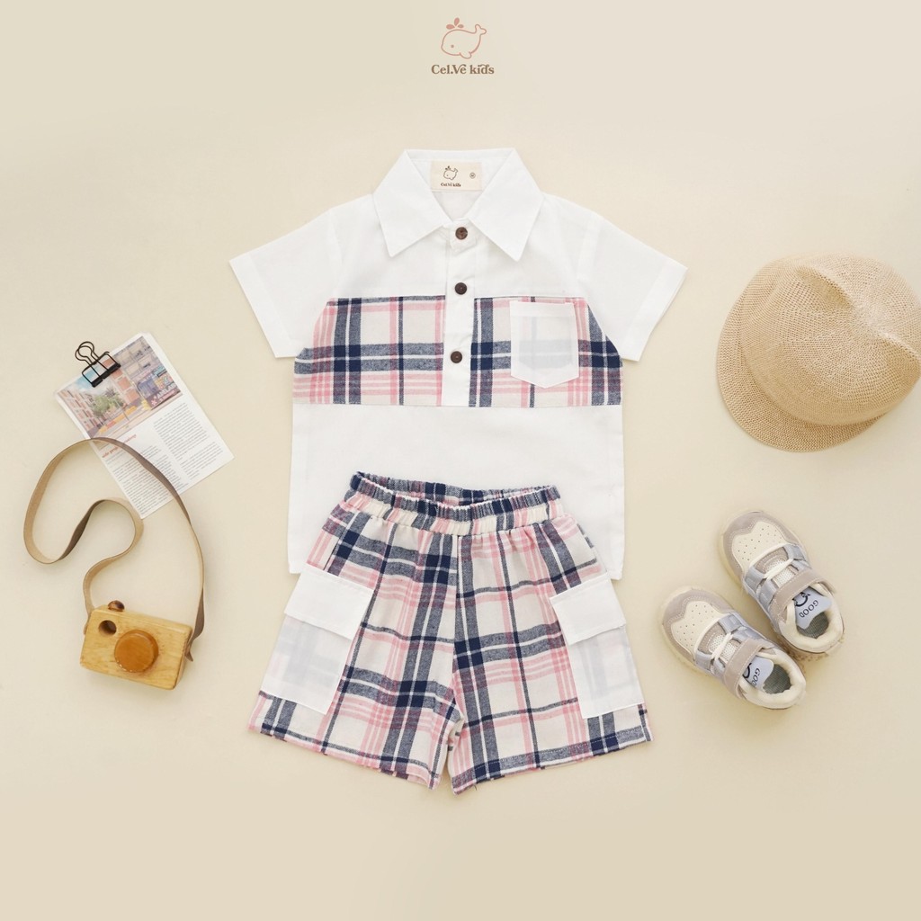 CELVEkids - Stelan set Brian Kemeja Anak laki laki Korean style Bahan Flanel kombi Poplin usia 1-6th