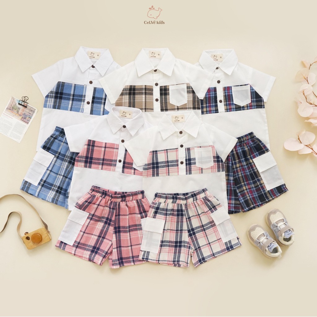 CELVEkids - Stelan set Brian Kemeja Anak laki laki Korean style Bahan Flanel kombi Poplin usia 1-6th