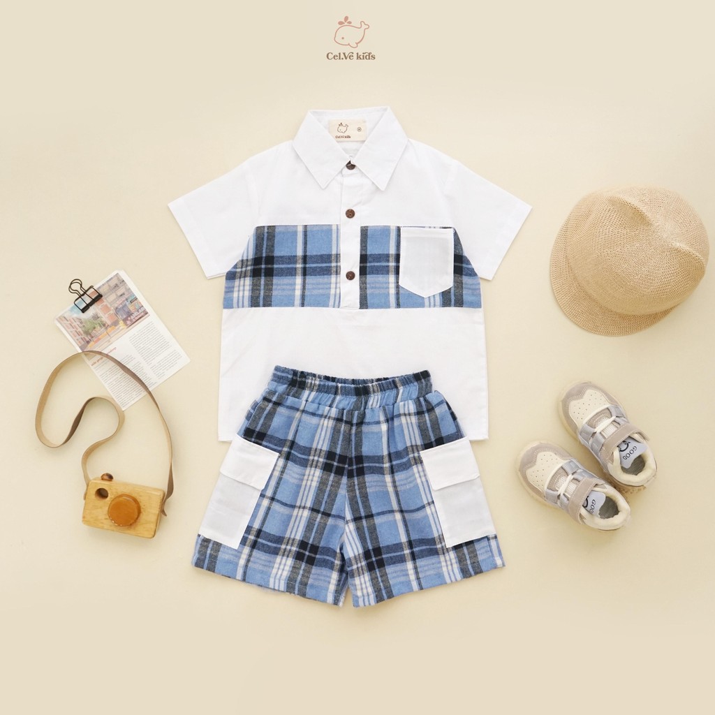 CELVEkids - Stelan set Brian Kemeja Anak laki laki Korean style Bahan Flanel kombi Poplin usia 1-6th