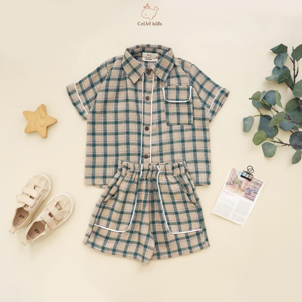 CELVEkids - Stelan set Bernard Kemeja Anak laki laki Korean style Bahan Flanel usia 1-6th