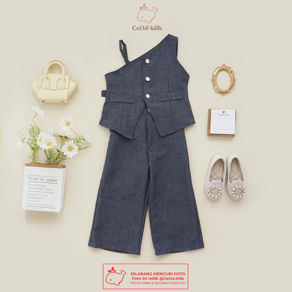 CELVEkids - Stelan Brittany Set Baju Celana Anak Perempuan Korean style Bahan Linen Premium usia 1-8th