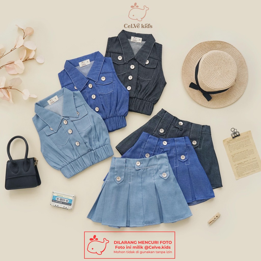 CELVEkids - Stelan Natasha Set Baju Rok Celana Anak Perempuan Korean style Denim premium usia 1-8th