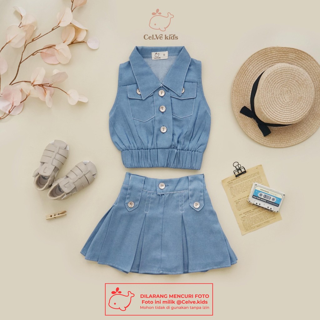 CELVEkids - Stelan Natasha Set Baju Rok Celana Anak Perempuan Korean style Denim premium usia 1-8th