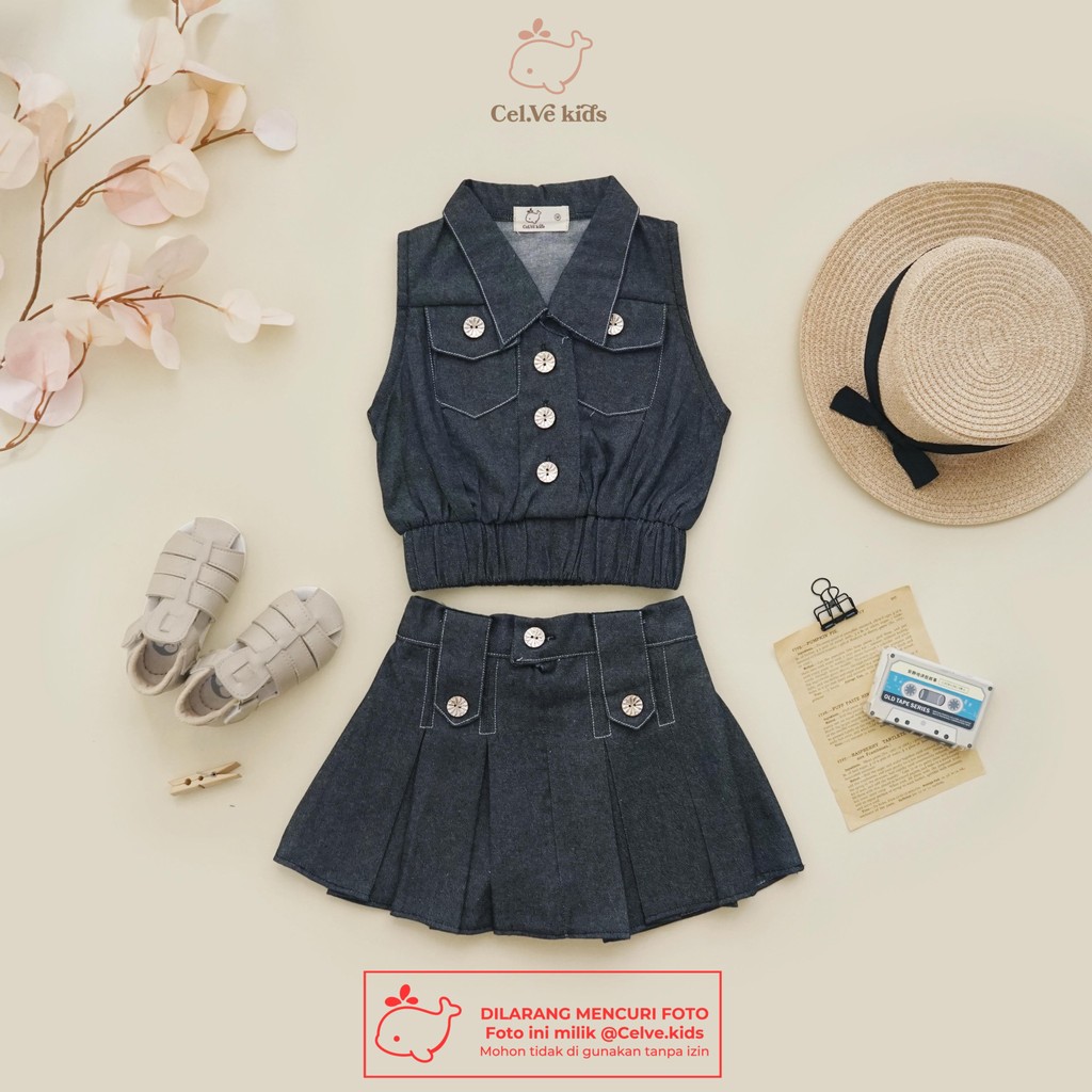 CELVEkids - Stelan Natasha Set Baju Rok Celana Anak Perempuan Korean style Denim premium usia 1-8th