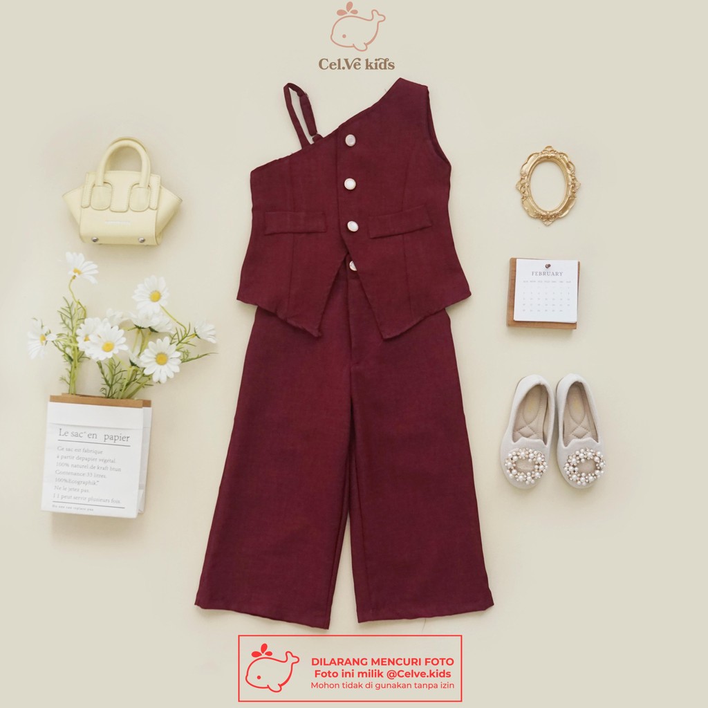 CELVEkids - Stelan Brittany Set Baju Celana Anak Perempuan Korean style Bahan Linen Premium usia 1-8th