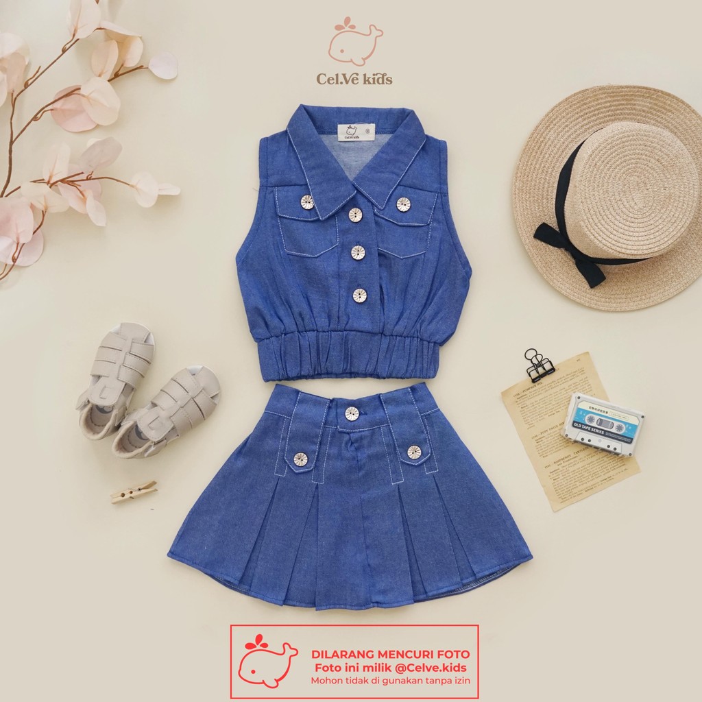 CELVEkids - Stelan Natasha Set Baju Rok Celana Anak Perempuan Korean style Denim premium usia 1-8th