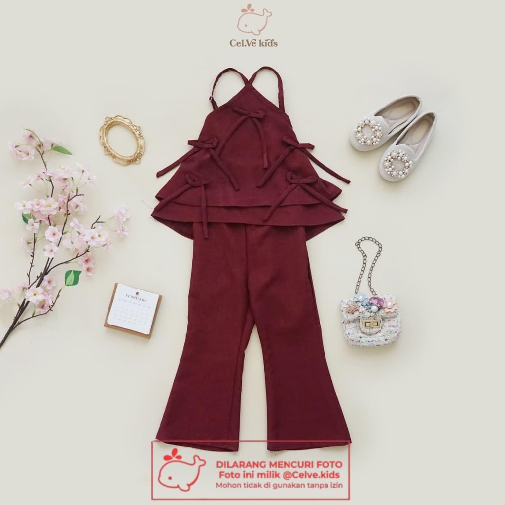 CELVEkids - Stelan Marissa Set Baju Celana Anak Perempuan Korean style Bahan Linen Premium usia 1-8th