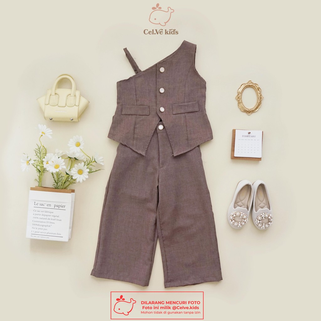 CELVEkids - Stelan Brittany Set Baju Celana Anak Perempuan Korean style Bahan Linen Premium usia 1-8th