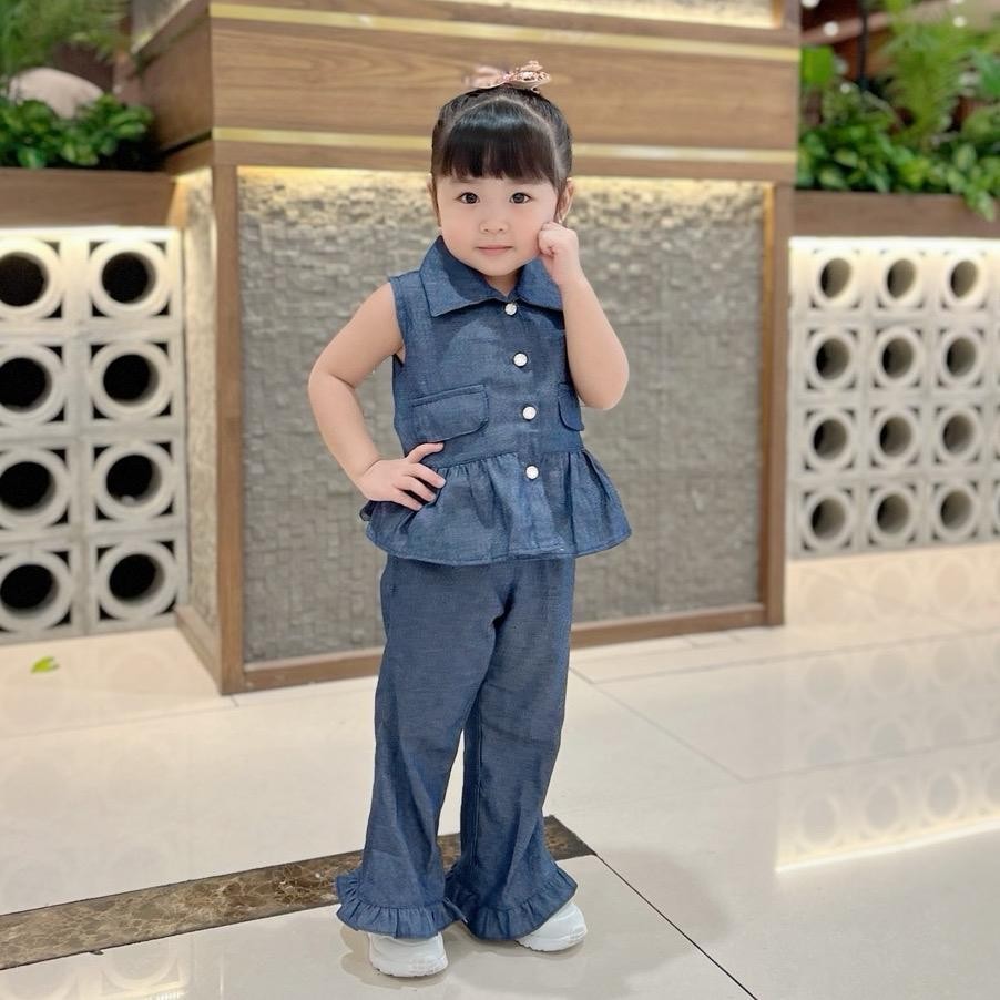 CELVEkids - Stelan Avery Set Baju Anak Perempuan Korean style Bahan denim usia 1-6th