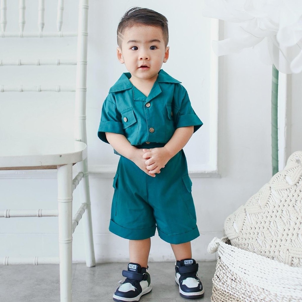 CELVEkids - Stelan Axton set Kemeja atasan Anak laki-laki Korean style Bahan cotton usia 1-6th